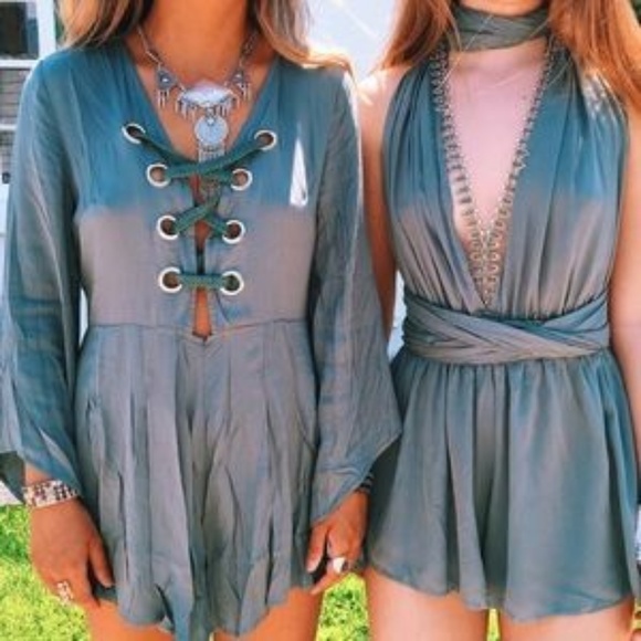 LF Green Lace Up Romper - Picture 2 of 7